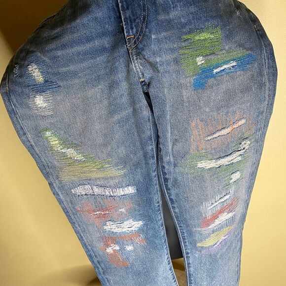 POLO RALPH LAUREN Women's Avery Boyfriend Multi-color Threading Distressed Jeans - Picture 1 of 4